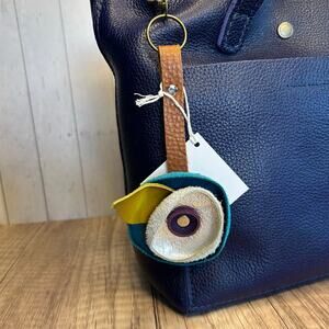 Genuine Leather Purse Charm Purple Silver Turquoise Flower Keychain Accessory